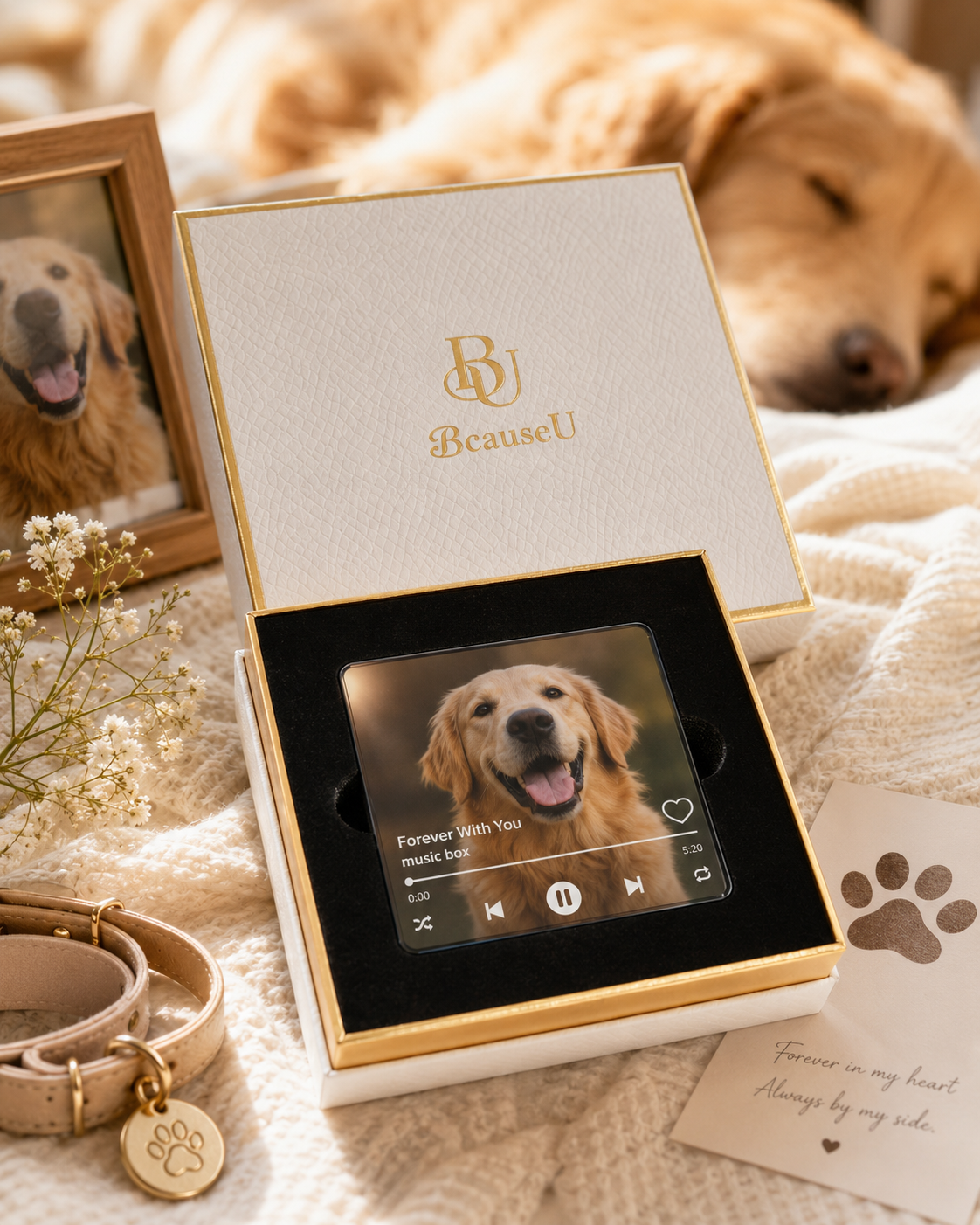 The Playable Magnet with a beloved dog's photo in an open keepsake box
