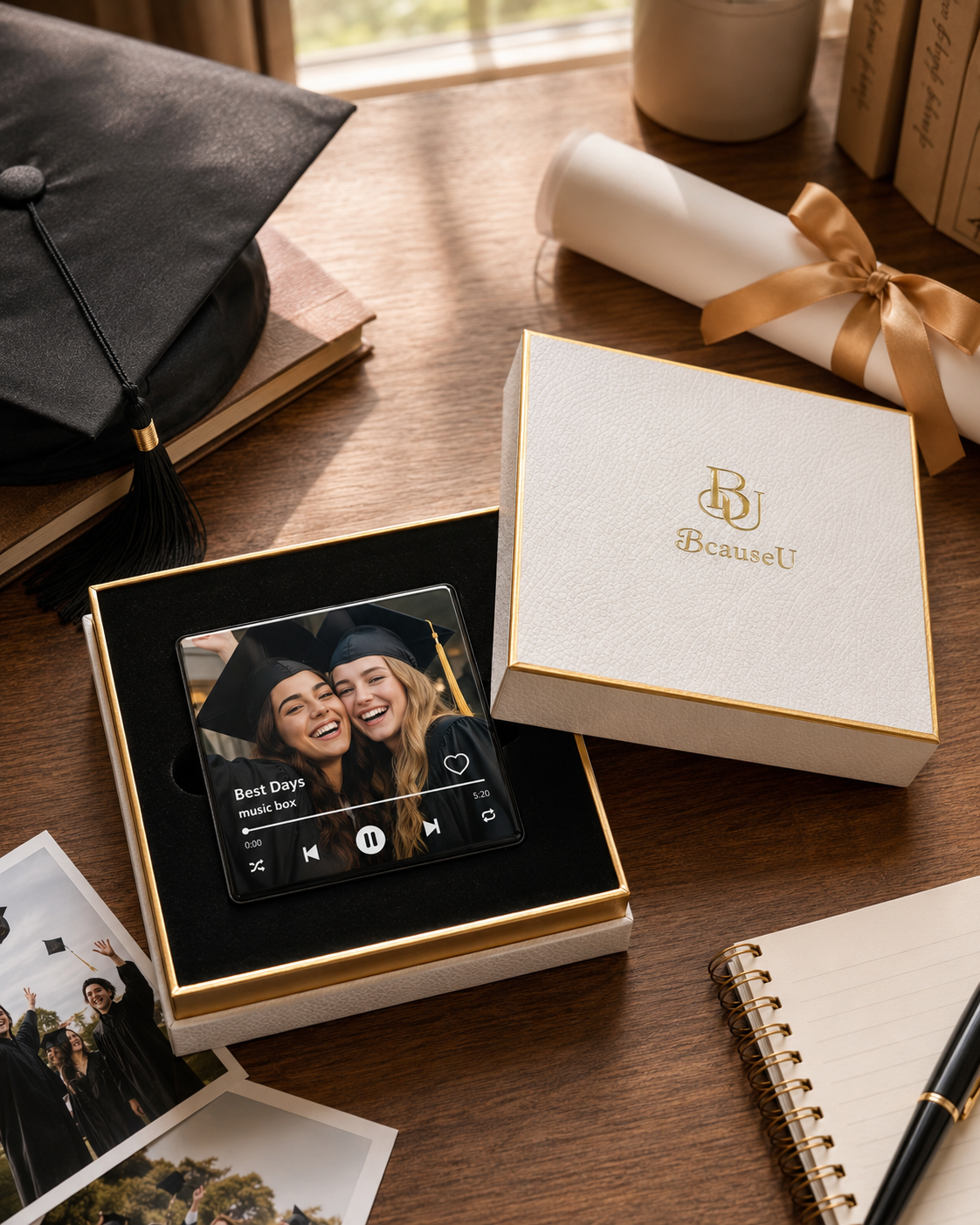 The Playable Magnet with a graduation photo beside a cap and diploma