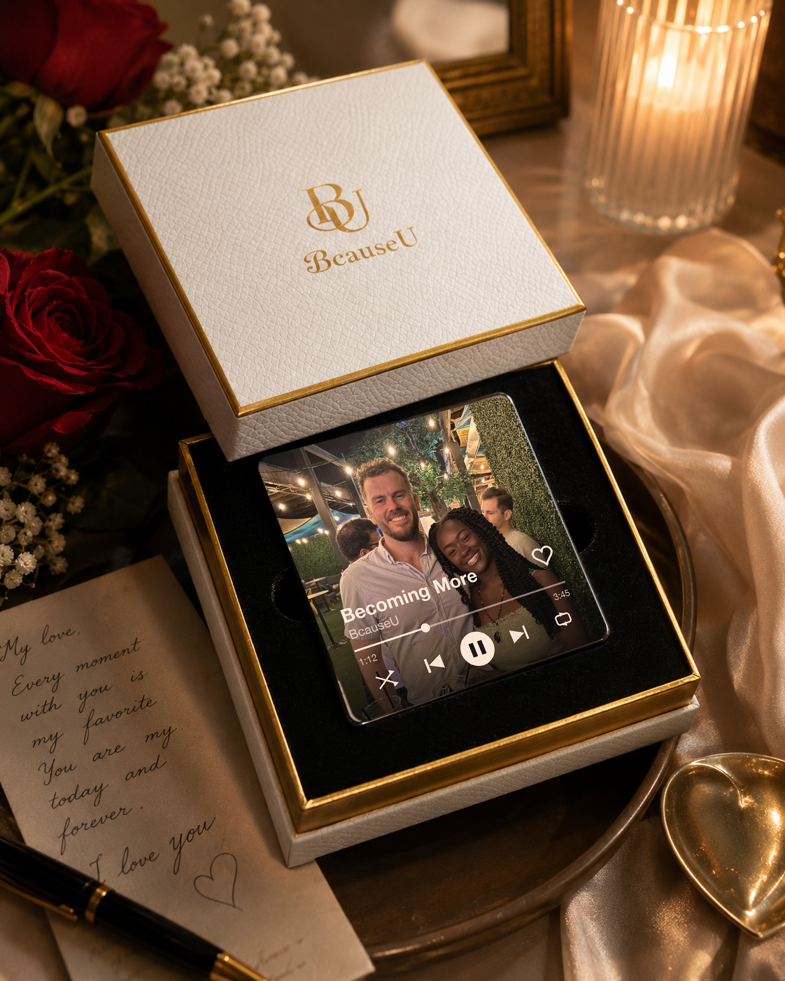 The Playable Magnet with a real customer couple's photo in a candlelit gift box
