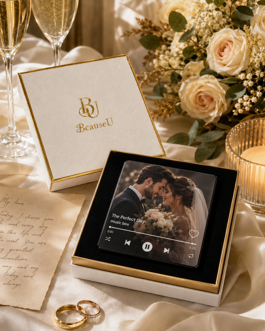 The Playable Magnet keepsake in an open BcauseU gift box beside wedding rings, roses, and champagne