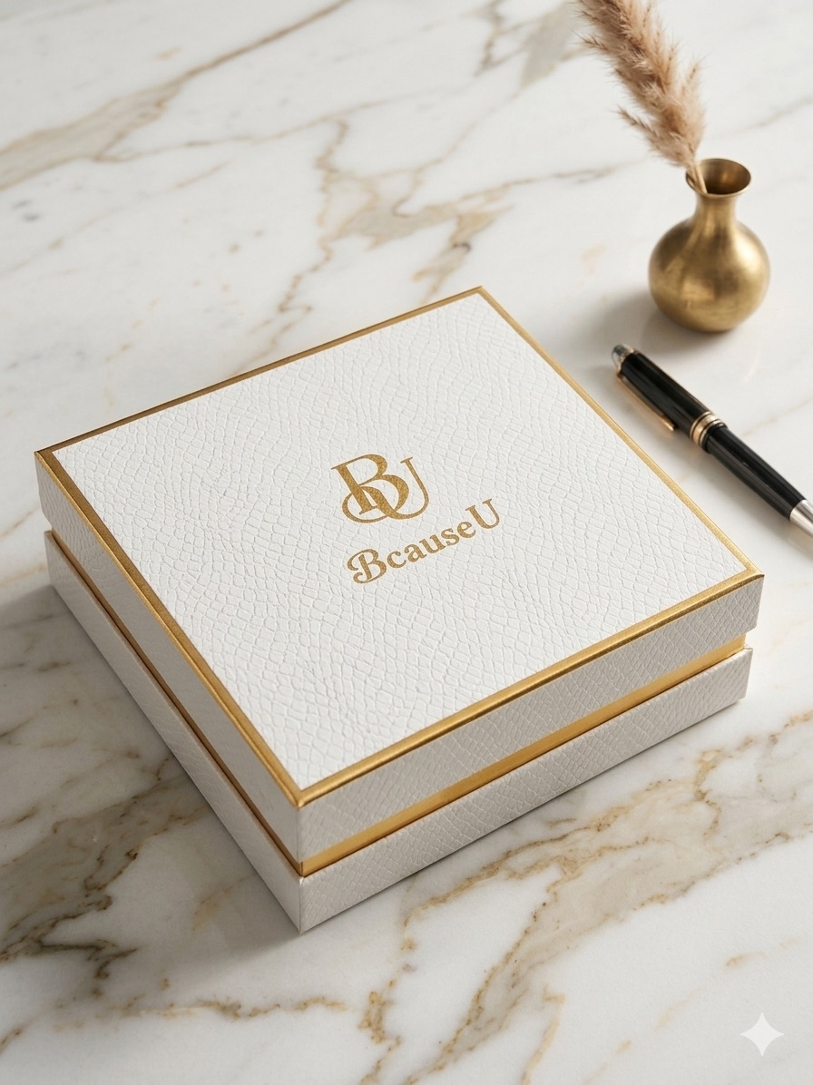 BcauseU premium white and gold gift box on marble
