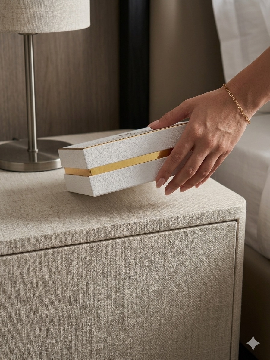 Hand placing the BcauseU gift box on a bedside table