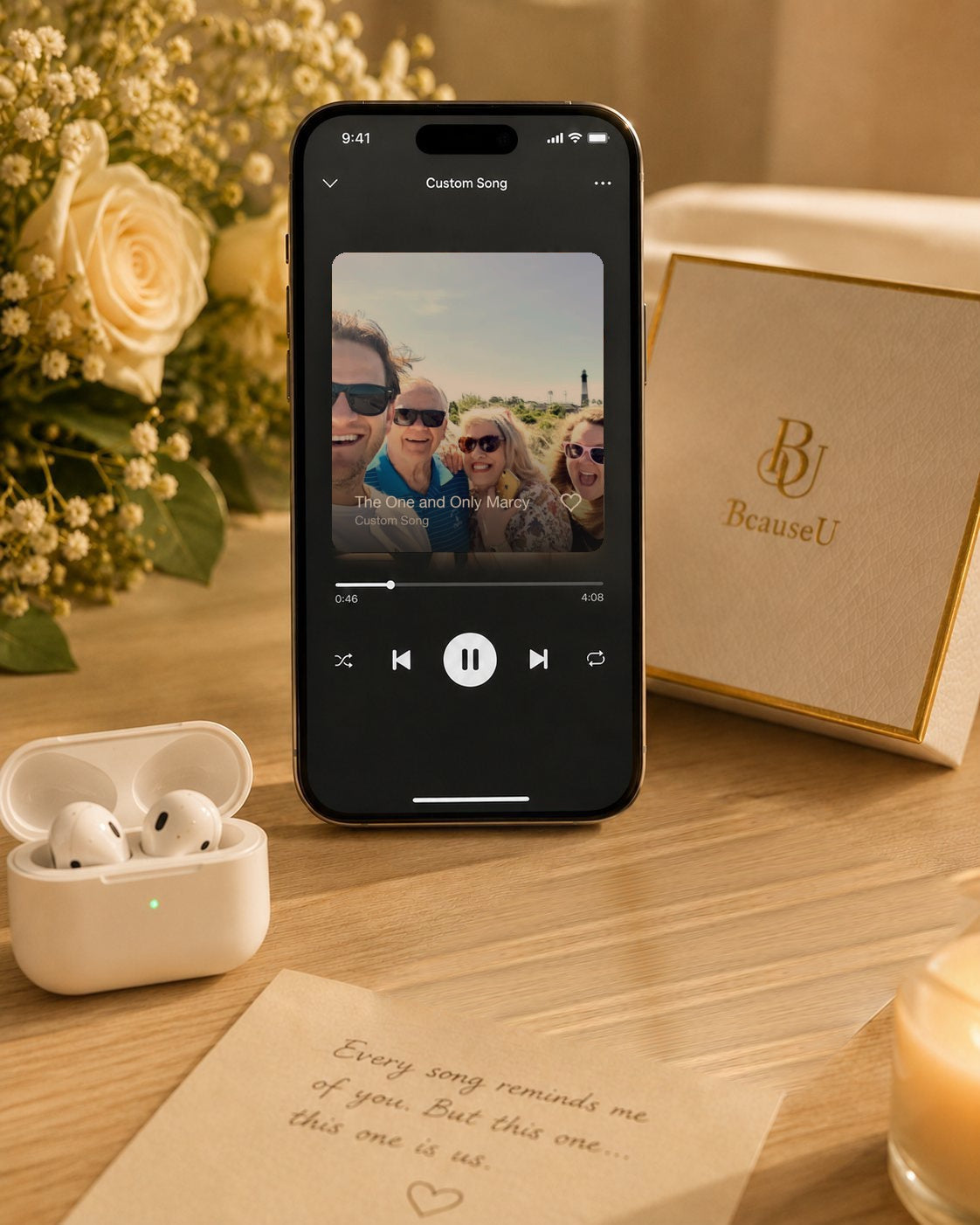 A real customer's custom song playing on a phone beside a BcauseU gift box and handwritten note