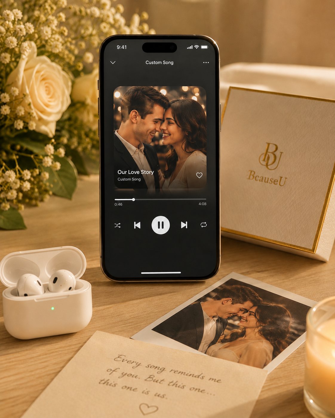 A custom song playing on a phone beside a BcauseU gift box and handwritten note