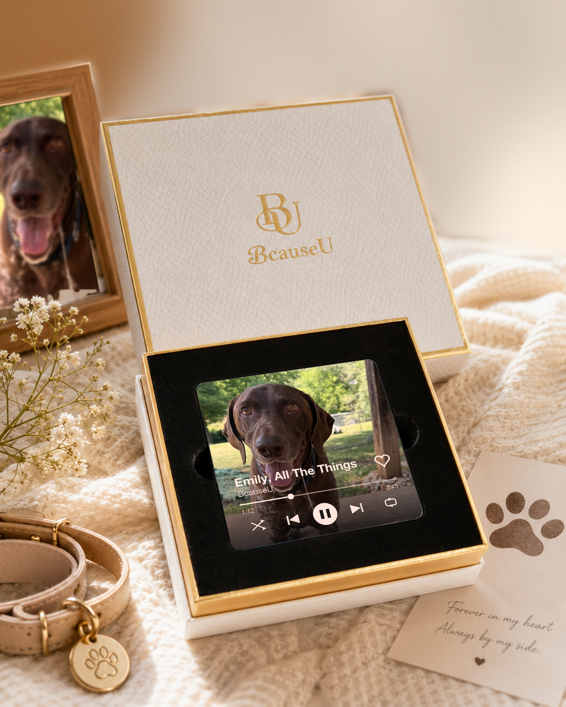 The Playable Magnet with a real customer's dog photo in an open keepsake box
