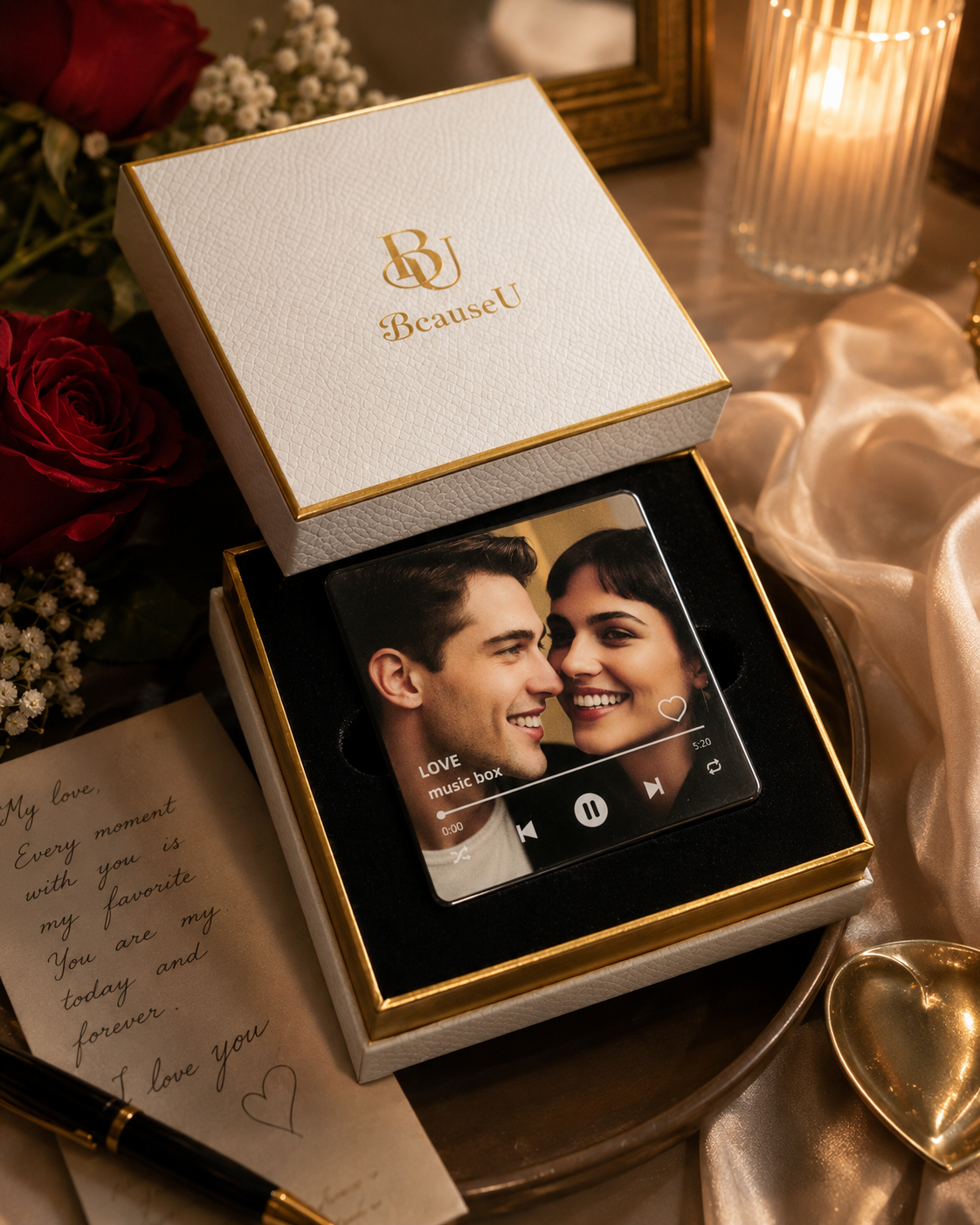 The Playable Magnet with a couple's photo in candlelit gift box with roses and a love note