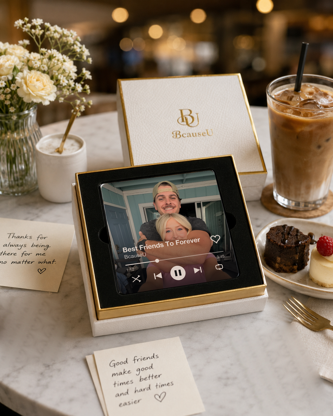 The Playable Magnet with a real customer photo, opened at a café table
