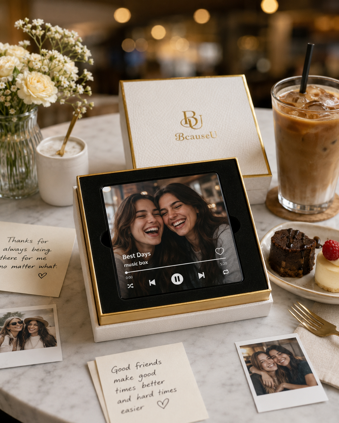 The Playable Magnet with a photo of best friends, opened at a café table
