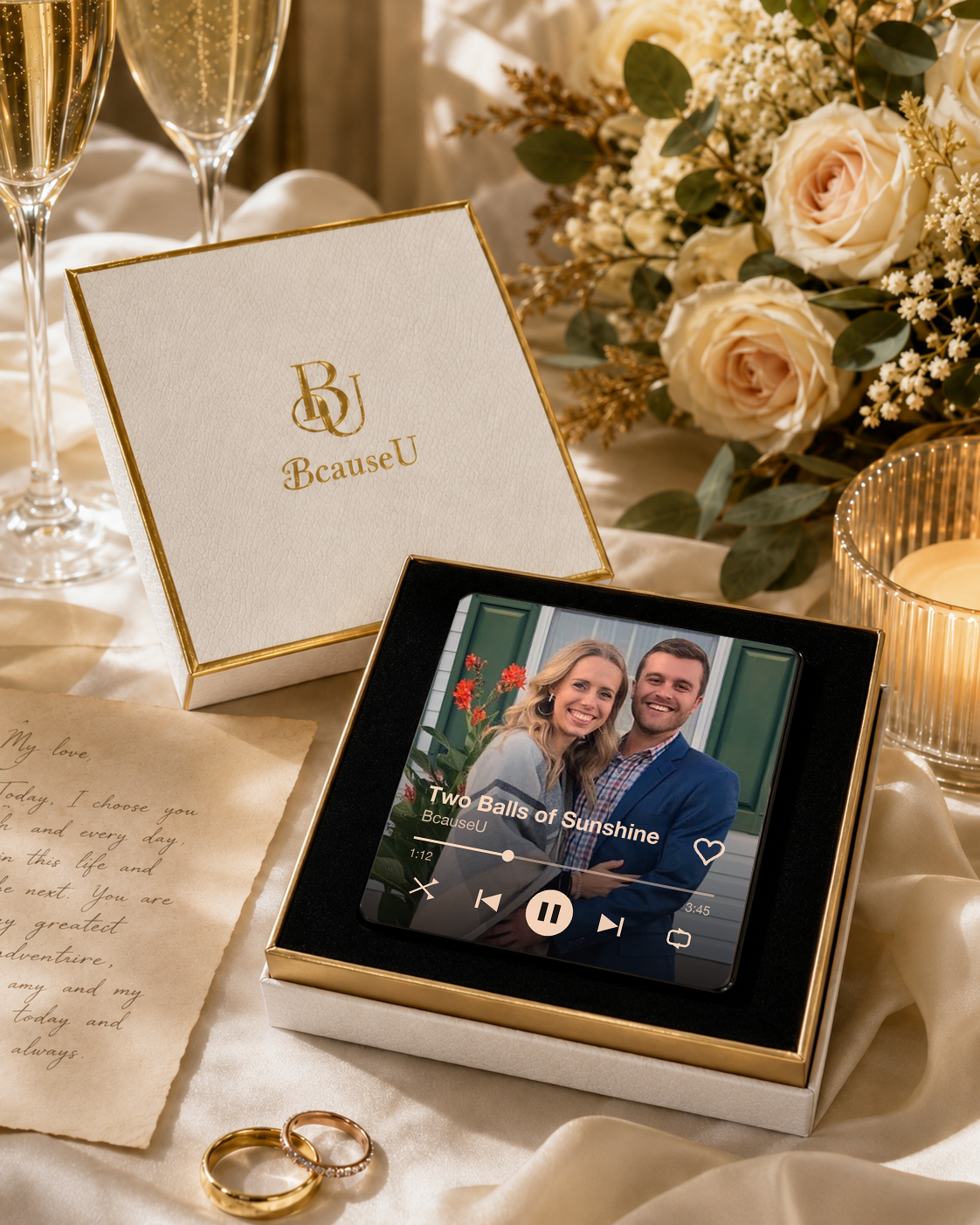 The Playable Magnet keepsake with a real customer couple's photo in an open BcauseU gift box beside wedding rings